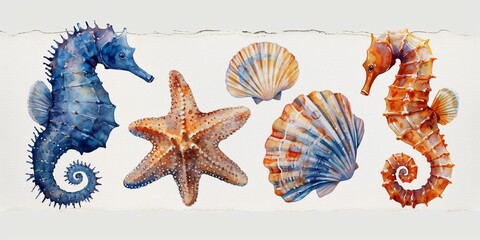 Wall Mural - Allure of the Sea: Watercolor illustration of a beach scene with starfish, shells and underwater elements for a vibrant coastal design.