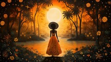 Silhouette Of A Woman In A Dress With A Hat, Standing In Water Against A Tropical Sunset With Palm Trees And Floating Flowers.