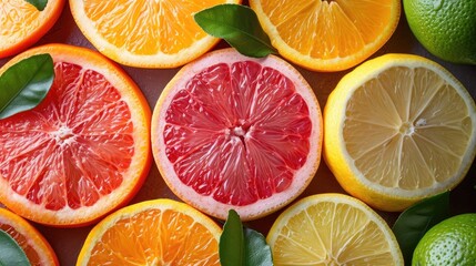 Wall Mural - An elegant background with slices of various citrus fruits like oranges, lemons, and limes arranged artistically for a freshness.