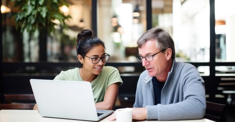 Passionate mentorship meeting in a lively coffee shop, with focused interaction and note-taking.