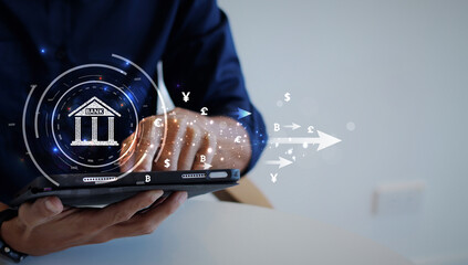 Aufkleber - Banking and Finance concept. Humans use smartphones with online banking digital technology for currency exchange and money transfer.