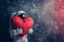 An Astronaut Hugging A Large Soft Red Valentine Love Heart