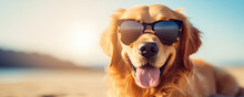 Cool Funny Dog With Glasses Laying On Tropical Beach Against Sunset Ocean.