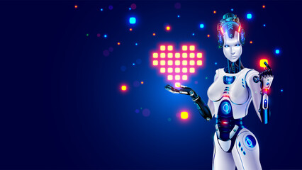 Wall Mural - beautiful robot woman holds a pixel heart symbol of love in her hand. banner for valentines day in s