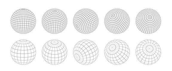 wireframe sphere set isolated. striped 3d balls, geometry globe grid collection in different positio