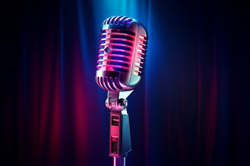 a microphone in front of a spotlight background