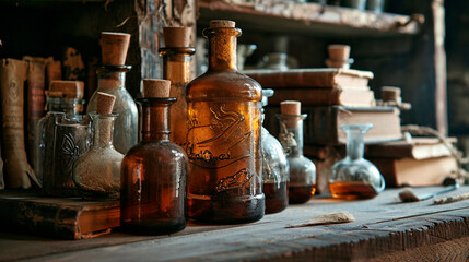 Wall Mural - Potion in bottles and old books. Selective focus.