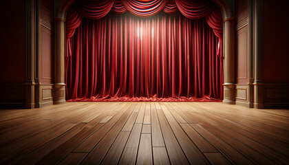 Wall Mural - Wooden stage floor with elegant red curtains, spotlight on center stage.
Generative AI.