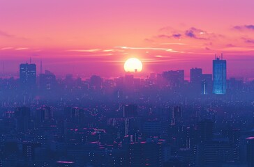 Wall Mural - a cityscape with many buildings at sunset