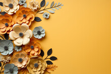 Spring, Summer Yellow Background With Cut Paper Style Flowers And Place For Text. Generated By Artificial Intelligence
