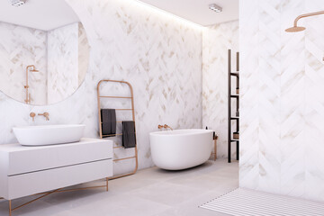 Wall Mural - Chic bathroom featuring herringbone marble walls, freestanding tub, and gold accents. Modern luxury. 3D Rendering