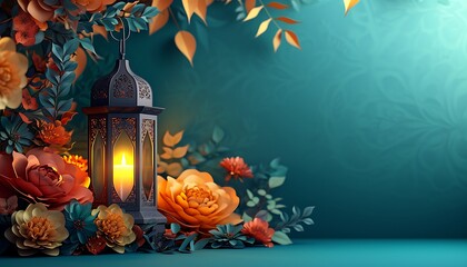 Lanterns on the background of a blooming tree. Islamic background, eid banner