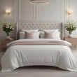 © anmitsu - Modern luxury elegant bedroom with spring vibes with flowers and bed with white sheets. interior decoration. Well-appointed interior design. template.