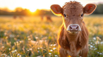 baby cow on a field with amazing light