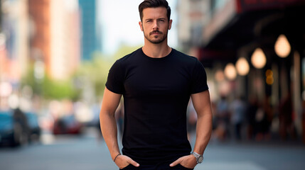 Male model in classic tight-fitting black cotton T-shirt on city street. Image of elegant, stylish and self-confident man, leading fashionable lifestyle. Space for logo or design. Mock up for printing