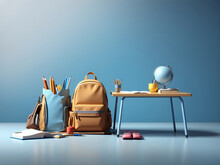 School Desk With Bag And School Accessory On Blue Background Design With Copy Space 3D Rendering, 3D Illustration Design