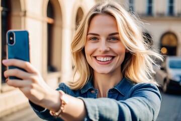 Wall Mural - Happy blonde woman, taking selfie shot, motivation and wellness, peace and hope. Smile female, optimism , dream and success concepts