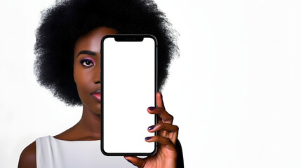 Wall Mural - Hand holding smartphone png, new cellphone mockup isolated on transparent background, african american woman, black