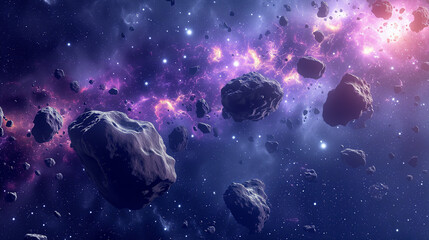 Abstract science fiction fantasy asteroids belt in deep cosmic space background with glowing stars in galaxy