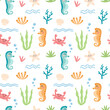 Childish seamless pattern with cartoon seahorse, crab, starfish character on a white background. Cute sea animals and underwater life design for fabric, textile, paper.