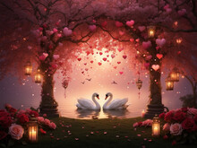 A Romantic Setting With Swans And Heart-shaped Decorations Under A Pink Tree