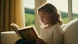 © Irina - A smiling girl is sitting on the couch in the room with a book and reading enthusiastically. The concept of self-development and self-education
