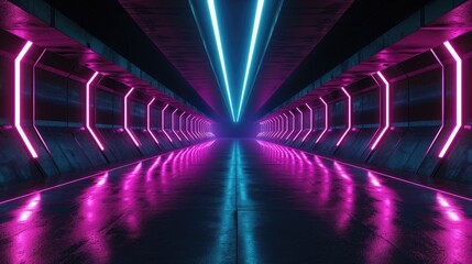 Sticker - neon glowing lines in a dark tunnel technology background