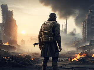 Soldier standing at a destroyed City 