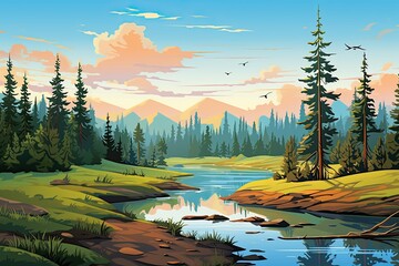 Wall Mural - blue river in the mountain fir tree forest nature landscape illustration