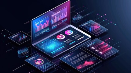 finance analytic dashboard management on 3D laptop