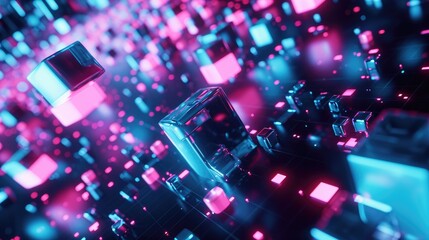 Poster - neon glowing digital cyber cube background