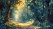 Watercolor Style Illustration Of An Enchanted Forest