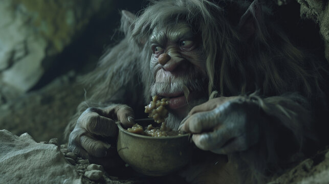 Troll enjoying a hearty stew in his cave.