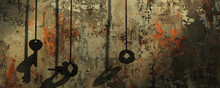 A Composition Of Rusted Keys Hanging From Strings, Casting Shadows On A Textured Wall, Telling Stories Of Forgotten Loves