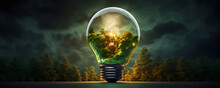 Green Energy Concept Illustrating Renewable And Sustainable Energy Sources. An Image Of A Green Tree Inside A Light Bulb Symbolizes Environmental Protection And Eco-friendly Energy Solutions.