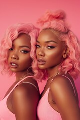 Two beautiful African American women models with pink hair. Beauty salon, hair coloring