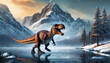 tyrannosaurus rex walks alone into cold lake, art design