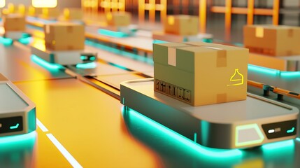 Poster - Generative AI : Future Technology 3D Concept: Automated Retail Warehouse AGV Robots with Infographics Delivering Cardboard Boxes in Distribution Logistics Center. 