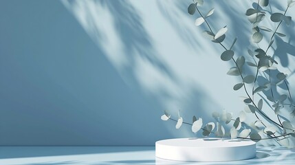 Generative AI : Abstract empty white podium with eucalyptus leaves and shadows on blue background. 