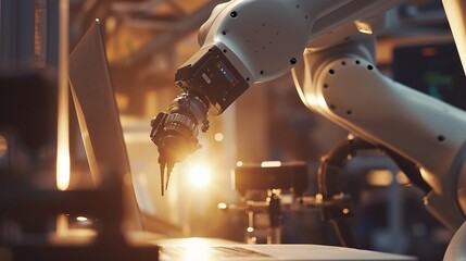 Poster - Generative AI : At the Factory: Automation Engineer Uses Laptop for Programming Robotic Arm. New Era in Automatic Manufacturing Industry.