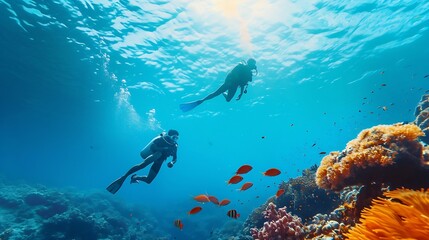 Wall Mural - Generative AI : young men snorkeling exploring underwater coral reef landscape background in the deep blue ocean with colorful fish and marine life