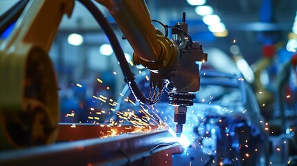 Fototapete - Generative AI : The welding arm on the automobile production line is being welded
