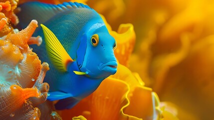 Wall Mural - Generative AI : Queen Angelfish Bright Blue Colorful Surrounded by Sponges