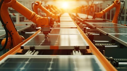 Aufkleber - Generative AI : Large Production Line with Industrial Robot Arms at Modern Bright Factory. 