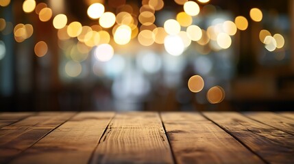 Poster - Generative AI : Empty wooden table top with lights bokeh