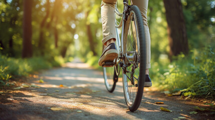 Poster - close-up of a person riding a bicycle on a sunlit path through a lush green forest