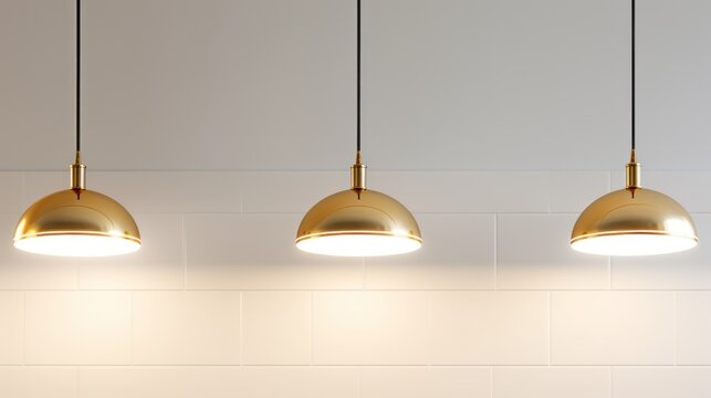 Three Hanging Lights in Gold, Illuminating a Kitchen Ceiling. Cafe lighting concept. Banner.