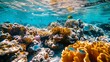 Generative AI : Underwater colorful coral with tropical fish in shallow water, Pacific ocean, Huahine, French Polynesia