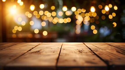 Poster - Generative AI : Empty wooden table top with lights bokeh