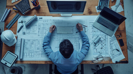 Wall Mural - overhead shot of an architect working at a desk with blueprints